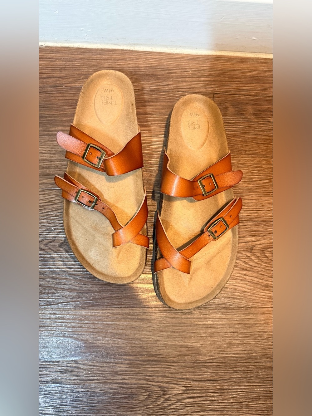 Tan Leather Buckle Slide Sandals